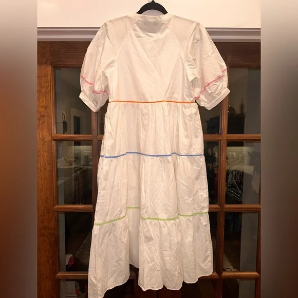 EUC Revolve English Factory Size XS Oversized White Midi Dress w Multicolor Trim - Picture 6 of 13